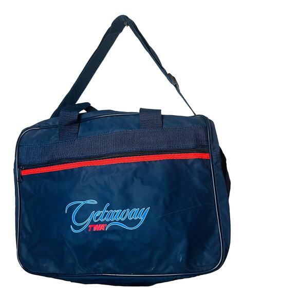 Vintage TWA GETAWAY Navy Blue Red Vinyl Carry On Travel Bag Shoulder Strap Bag - Picture 1 of 11